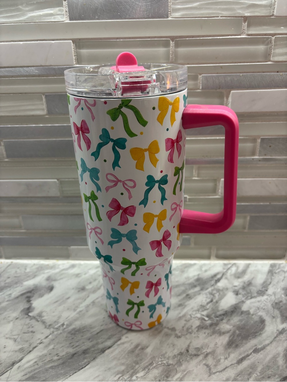 Hobby Lobby Bow Pattern Travel Tumbler with Pink Handle